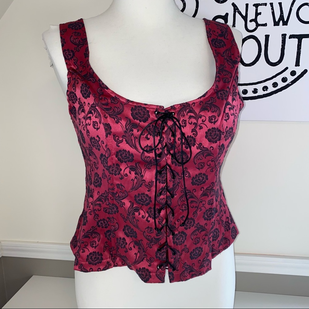 Frederick's of Hollywood Red and Black Lace-Up Brocade Corset Top
